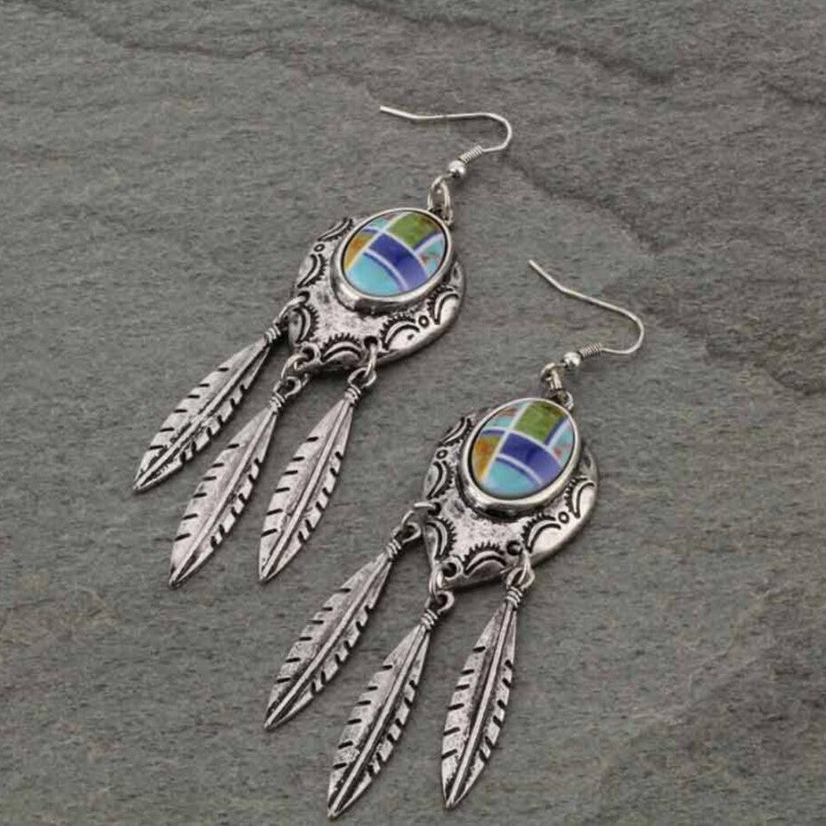 Wholesale Retro Style Feather Alloy Drip Glue Long Bohemian Ladies Fashion Earrings